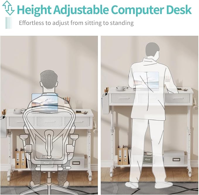 White Portable Rolling Computer Desk - 40 Inch Adjustable Mobile Standing Teacher Desks with 3 Fabric Drawers on Wheels, Couch Sofa Side Laptop Stand Up Table with Storage for Home Office, White