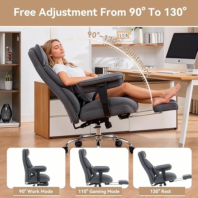 Efomao Big and Tall Office Chair with Footrest - Breathable Mesh Executive Chair, Heavy Duty Computer Desk Chair for Home Office, Ergonomic Lumbar Support & Reclining Mesh Gaming Chair, Bluegrey