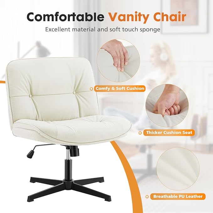 Sweetcrispy Criss Cross Armless Office Chair - PU Leather Adjustable 360° Swivel Wide Seat with Thick Padding, Ergonomic Rolling Computer Desk Task Chair for Modern Vanity & Makeup