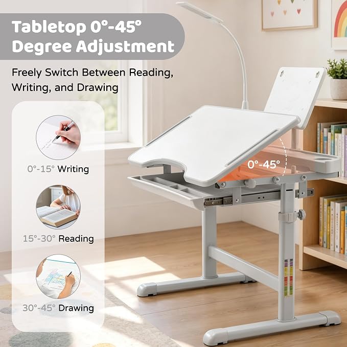 Diroan Kids Desk and Chair Set with LED Light, Height-Adjustable for Age 7+ | Ergonomic, Large 0‑45°desk, Sturdy steel frame, Storage drawer, Bookstand, Metal hook