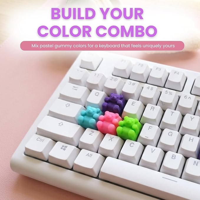 Kawaii Gummy Bear Keycaps - Pack of 4 Cute Colorful OEM Profile Artisan Keycap Set in Pink, Green, Baby Blue, & Purple Compatible with Mechanical Keyboard for Cool, Fun & Aesthetic Gaming PC Decor