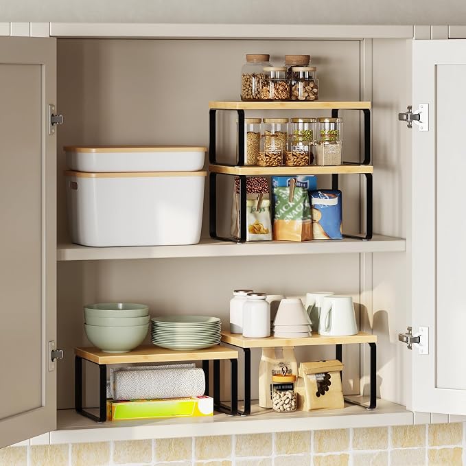HOOBRO Cabinet Organizer Shelf, Set of 2 Kitchen Counter Shelves, Expandable Kitchen Storage, Stackable Bamboo Spice Rack, for Kitchen, Countertop, Office Desk, Bathroom, Natural and Black YB30TL01