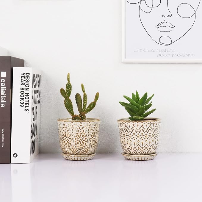 Gepege Succulent Pots, 4 Inch Small Indoor Ceramic Planter Pot with Drainage Holes and Saucers for Plants- Creamy White - Set of 4
