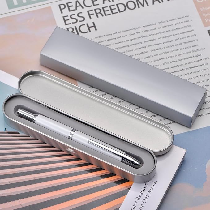 Jinhao 10 Press Fountain Pen with Box, Pearl White Retractable Fine Nib with Converter Set (Silver Clip)