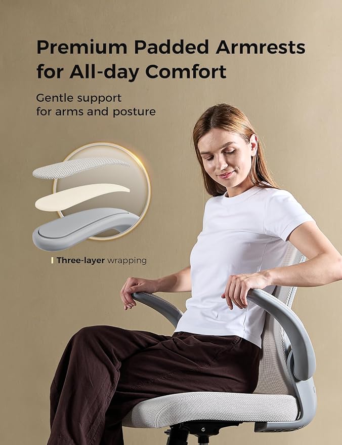 Small Mesh Office Chair with Flip-Up Arms, Ergonomic Desk Chair | Adaptive lumbar contour, 2.8inch dual-density foam and quiet casters aid computer work; 90° folding design tucks under table