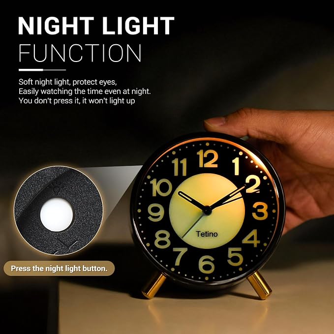 Tetino Analog Alarm Clock,Super Silent Non Ticking Small Clock with Night Light, Battery Operated, Simple Design, for Bedroom, Bedside, Desk, Adult, Kid, Gift，Ideal Decor (Light Luxury Gray)
