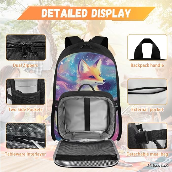 Doojoayie Cute Fox Backpack for Girls with Lunch Box 17 inch Kids Bookbag Kawaii Backpack for Girls Aesthetic Kindergarten Back to School Bags for Teens Junior Large Capacity Back Pack