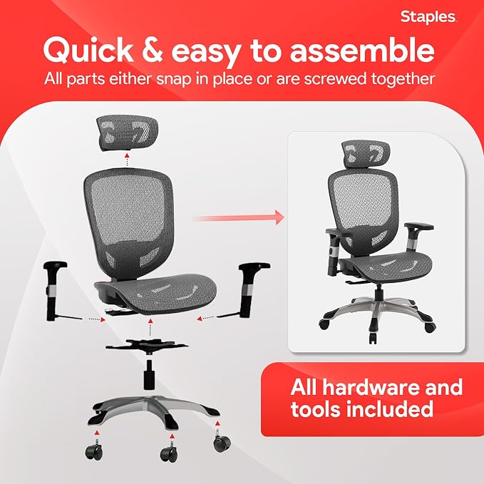 STAPLES Hyken Ergonomic Task Chair, Mesh, Ergonomic, Lumbar Support, Swivel, Gray