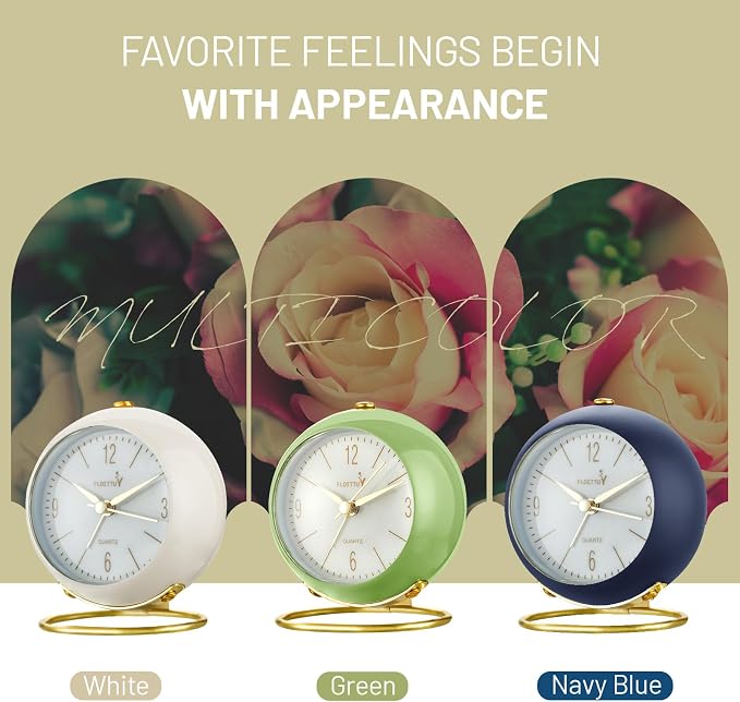 FLOITTUY Silent Table Analog Alarm Clock No Ticking, Lighted on Demand and Battery Operated, Beep Sounds, Small Desk Clock(Navy Blue)