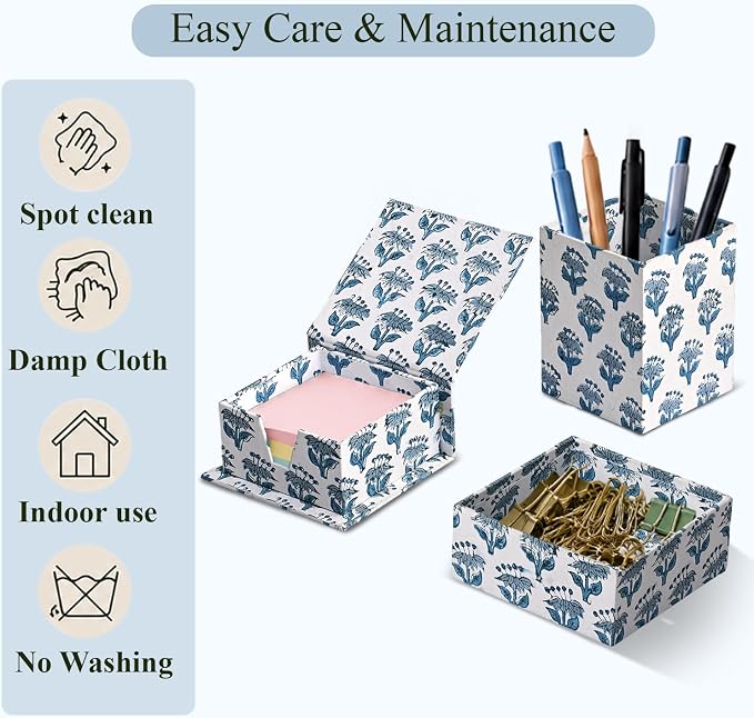 CPC Apatite Blue Block Print Set of 3 Desk Organizer Pen And Sticky Note Holder Cute, Aesthetic, Decor accessories, workspace organizers, Caddy Storage, Gift for Office, Professionals, Student