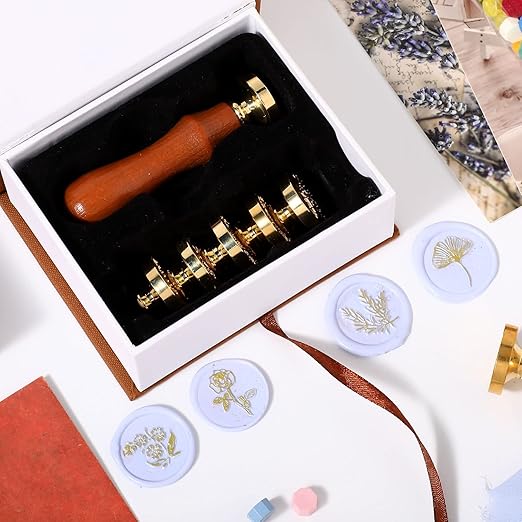 Chrisfall 6 Pcs Wflower Wax Seal Stamp Set with Removable Wooden Handle Floral Stamps Botanical Sealing Stamper Kit for Wedding Party Invitation, Gift Packaging, Envelope, Cards(Fresh Style)