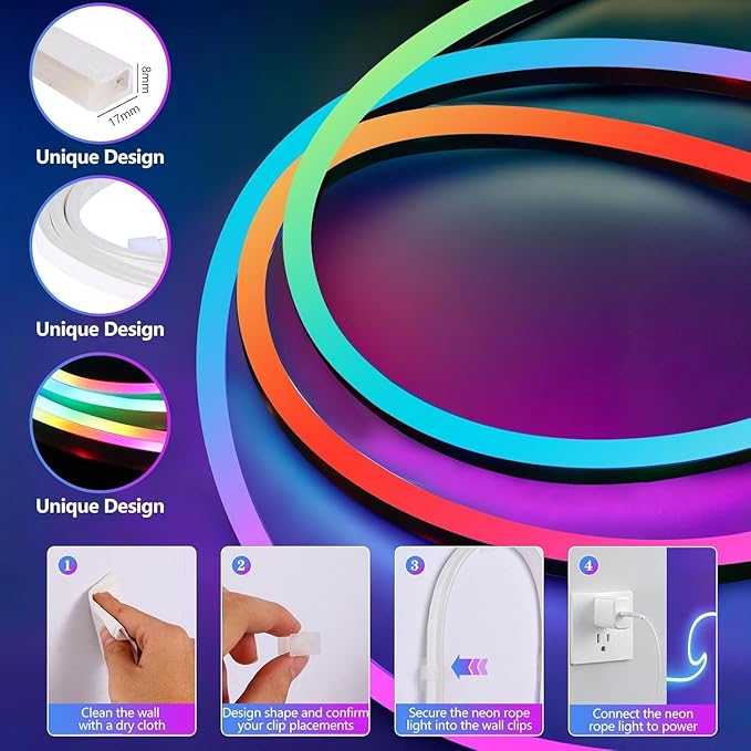 RGBIC Neon Rope Lights, Smart LED Neon Rope Lights with Remote APP Control，Music Sync, Custom DIY Neon Strip Lights for Gaming Room and Wall Decor, Secure Mounting Clips, 32.8ft