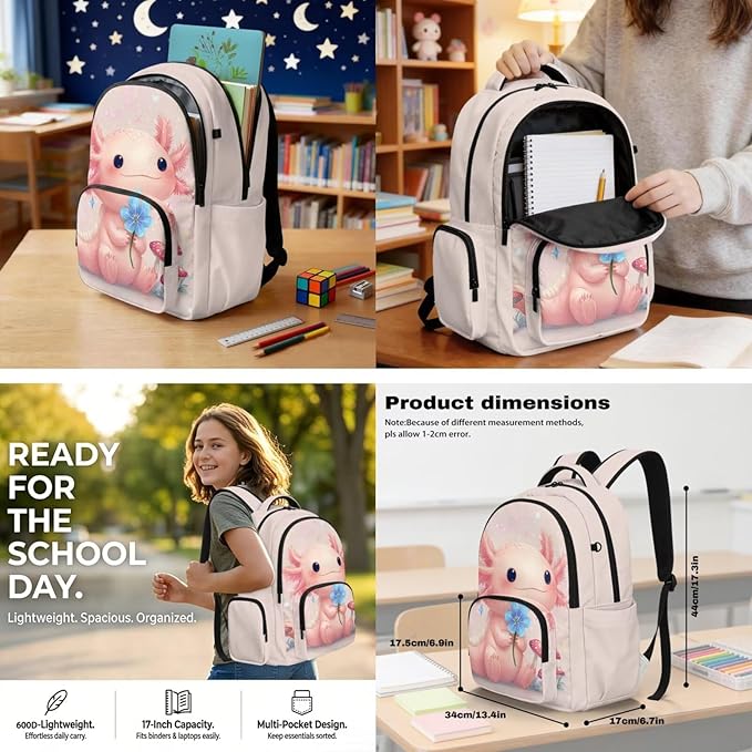Axolotl Backpack Set Girls Backpacks Ages 8-10 with Lunch Box Large Capacity School Bag for Kids 1st 2nd Grade Elementary Students Kawaii Bookbag Back to School Supplies