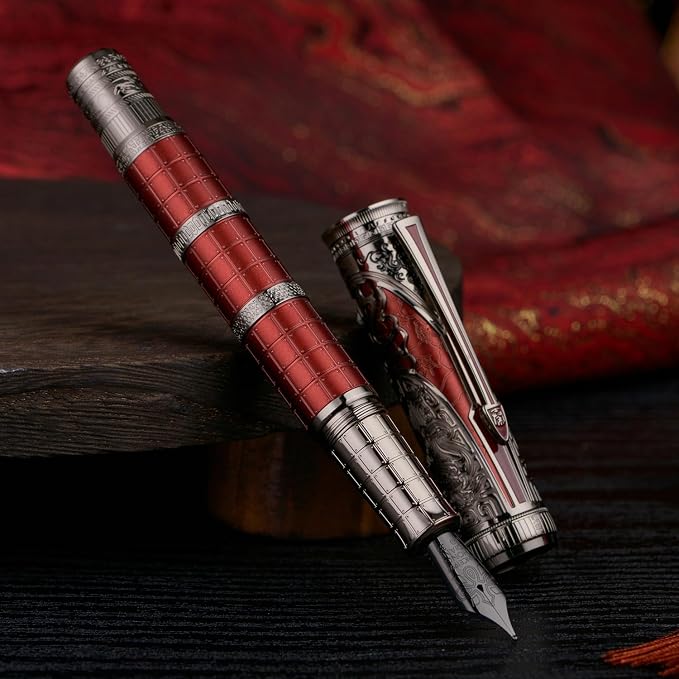 Hongdian D5X Fountain Pen Red Color Medium Nib, Qin Dynasty Retro Chinese Totem Engraving Smooth Writing Pen with Converter and Pen Box Set