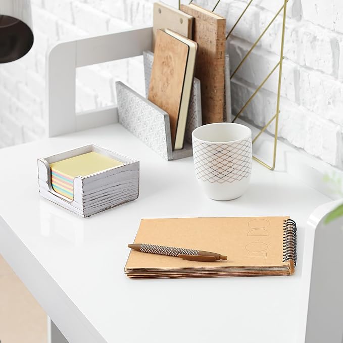 Wood Sticky Note Holder, White Washed 3 x 3 Inch Post It Note Dispenser for Office Desk Accessories, Self Stick Note Pad Holder, Memo Pad Holder Dispenser Organizer for School Office Desk Supplies