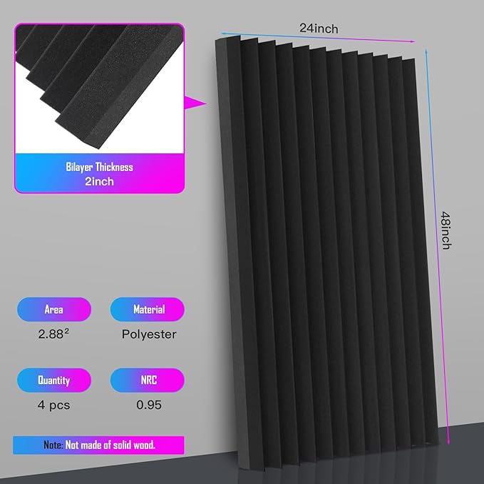 4 Pack Acoustic Foam Panels, 48 x 24 x 2" Sound Proof Foam High Density Studio Wedge Tiles Fire Resistant Acoustic Panels for Home Office, Recording Room, Studio (Black, Black 4 Pack)