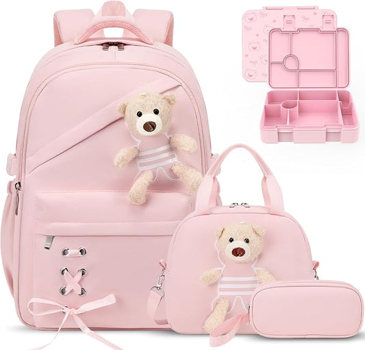 ACESAK Backpack for Girls with Bento Box - 4 PCS Cute Girls Backpack with Lunch Box, Pencil Case & Bento Box Set - 43oz Leakproof Lunch Box Kids Snack Containers Set Back to School Supplies (Pink)