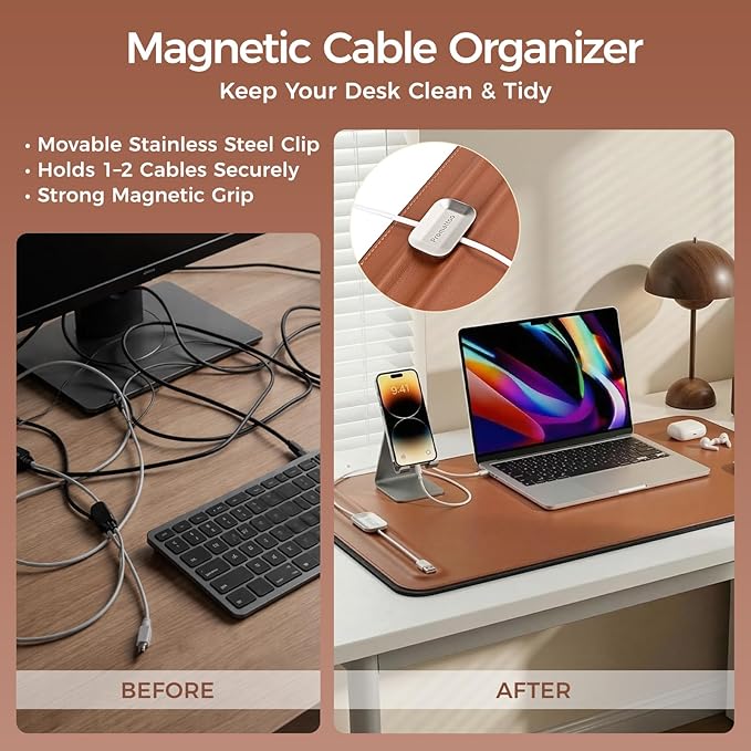 Desk Mat – Double-Sided Vegan Leather & Felt | Built-In Magnetic Cable Organizer & File Storage | Premium Workspace Pad for Office, Gaming & Creative Professionals-（Brown）