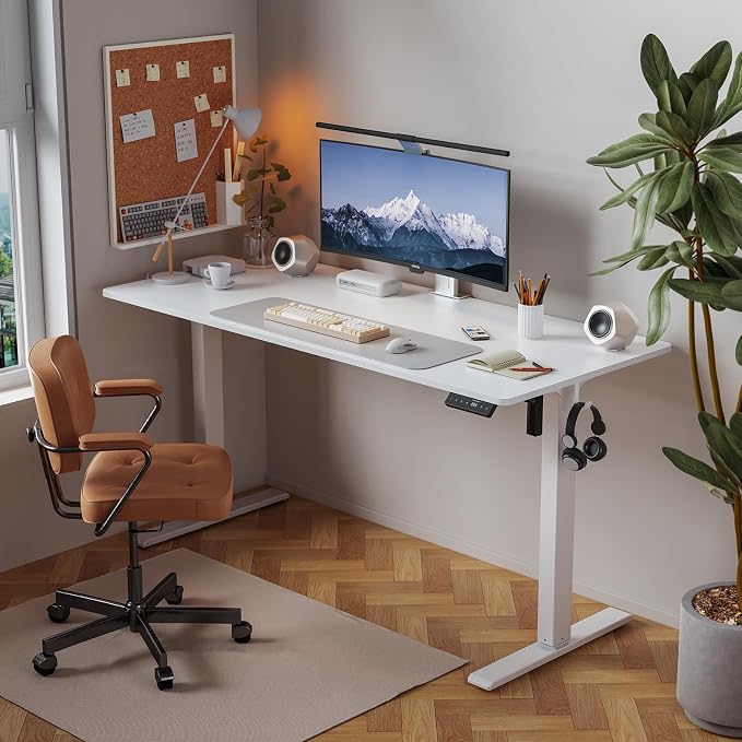 WALKINGDESK 55x24 Inches Height Adjustable Electric Standing Desk with 2 Hooks for Home Office, Ergonomic Sit Stand up Desk with Splice Board, White