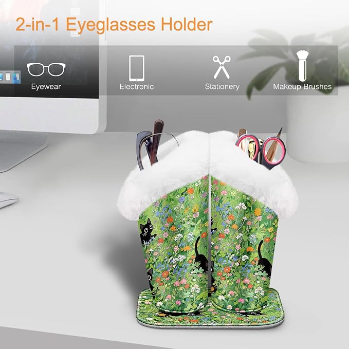 FINTIE Plush Lined Double Eyeglasses Holder with Magnetic Base for Desk | Soft Plush Lining, Glasses Stand Case For Nightstand / Bedside, Office Desktop Organizer, Small Item Storage