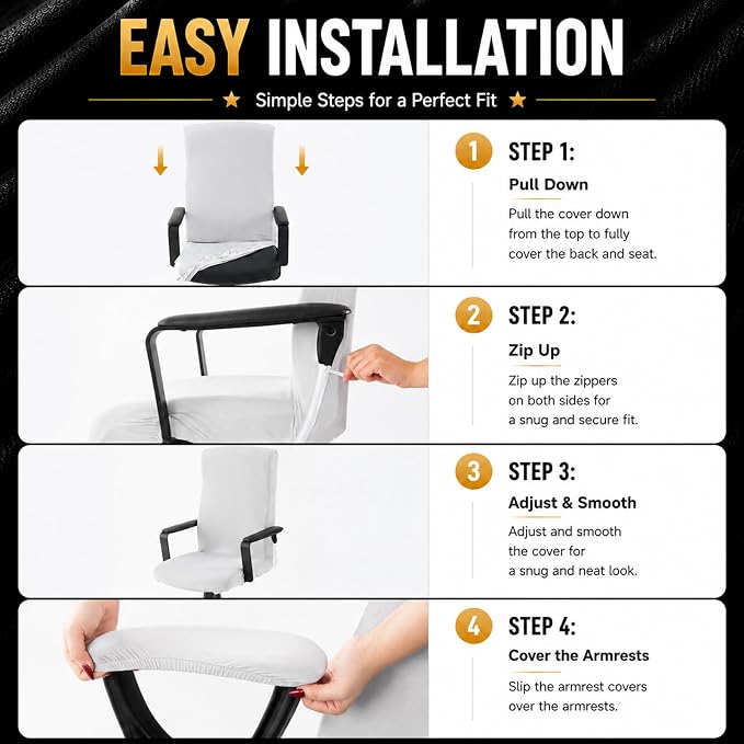 Water Resistant Stretch Computer Office Chair Cover with Armrest Covers Durable Zipper Universal Washable Removable Spandex Rotating Boss Chair Slipcovers Anti-dust Soft Desk Chair Seat Protector