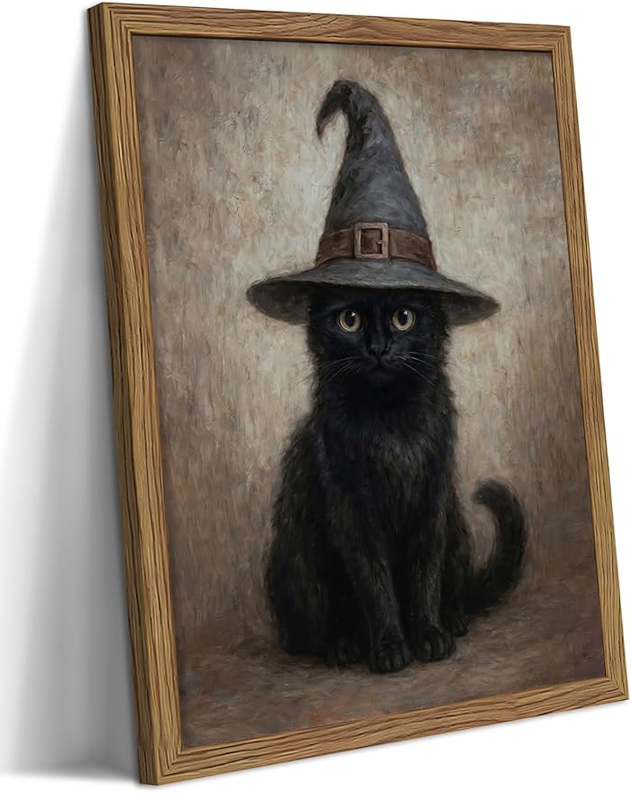 Framed Halloween Cat Wall Art, Vintage Gothic Black Cat Witch Canvas Wall Decor Paintings, Moody Dark Academia Animal Artwork Posters Prints Pictures for Bedroom Living Room 16x24 Inch