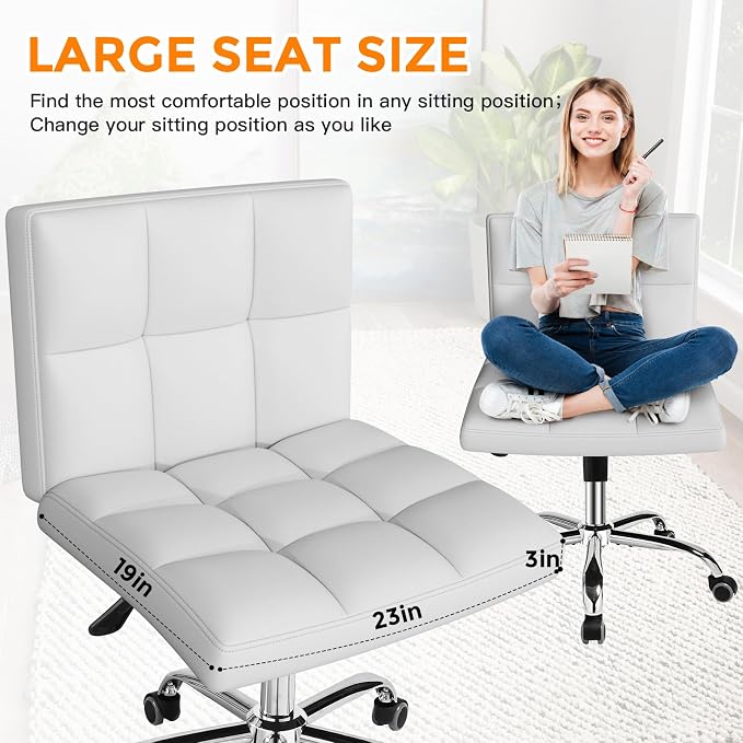 White Office Chair with Wheels - 360° Swivel Armless Back Support，Comfortable Pu Adjustable Rolling Desk Chairs for Office，Home，Vanity，Bedroom，Big Space(Widened White)