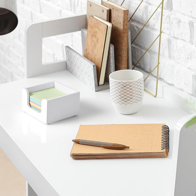 Wood Sticky Note Holder, 3 x 3 Inch Post It Note Dispenser for Office Desk Accessories, Self Stick Note Pad Holder, Memo Pad Holder Dispenser Organizer for School Office Desk Supplies, White