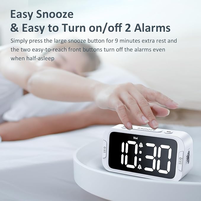 Odokee Digital Dual Alarm Clock for Bedroom, Easy to Set, 0-100% Dimmer, USB Charger, 5 Sound Adjustable Volume, Weekday/Weekend Mode, Snooze, 12/24Hr, Battery Backup, Compact Clock for Bedside(White) | Easy to Set Alarm Clock with Weekday/Weekend Mode...