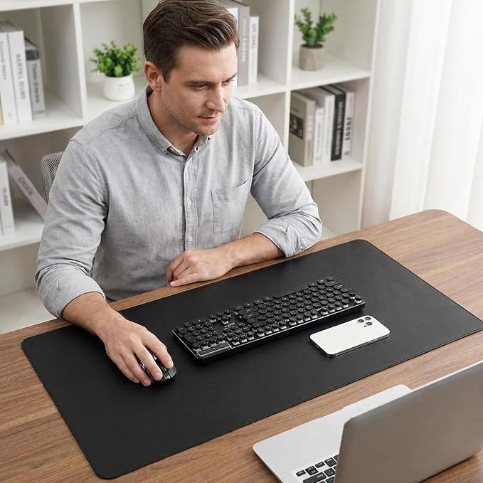 Non-Slip Waterproof PU Leather Desk Pad Protector for Mouse, 16" x 22" Writing Desk, Office, Home, Laptop Blotter, Black