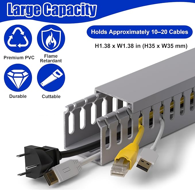 1.4"H x 1.4"W Cable Raceway, 132in Under Desk Wire Management Channel, Grey | Slotted Wire Duct, 8Pack, 16.5in Each, Heavy-Duty PVC Cable Management for Server Racks, Network Cables & Electrical Cabinets
