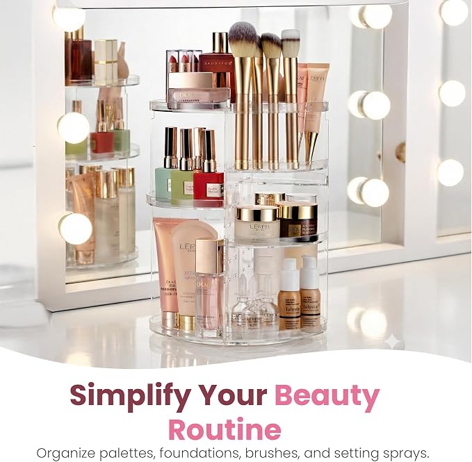 Masirs 360 Rotating Makeup Organizer Countertop, Adjustable Shelf, Clear | 360-Degree Rotating Makeup Organizer, Adjustable Shelf Height, Cosmetic Perfume Skincare Storage, Vanity Countertop, Clear