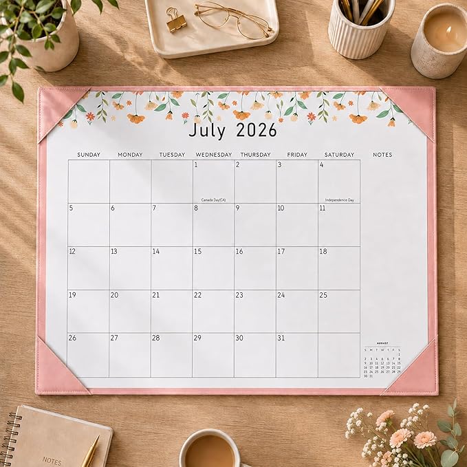 Gannyfer Desk Calendar 2026-2027 with Desktop Mat, Large 22" x 17" Desk Pad Calendar, 18-Month Calendar July 2026-Dec 2027, Office Supplies for Home School Office, Pink with 6 Stickers