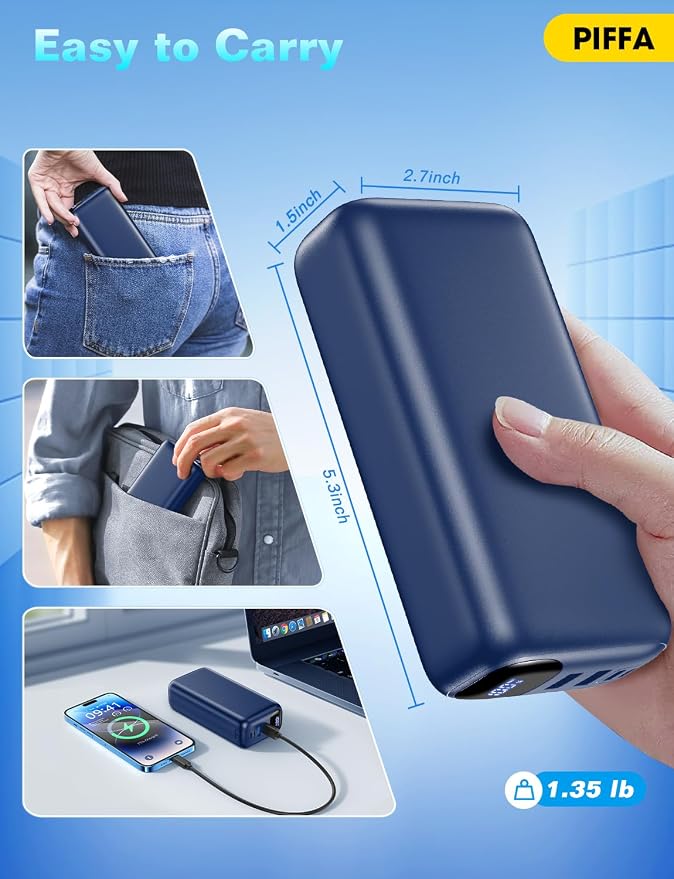PIFFA Portable Charger Power Bank - 50000mAh Battery Pack, 22.5W Fast Charging Powerbank,Travel Essential for Portable Phone Charger, USB-C Phone Charger for iPhone 17/16/15/14/13 Samsung-Ink Blue