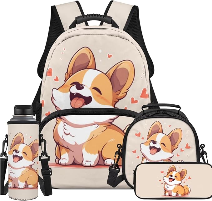 Ystardream Kids School Backpack with Lunch Box Kawaii Corgi Backpack for Girls Elementary School Large Rucksack Daypack with Pencil Case,Water Bottle Sleeve 4 Piece School Supplies for Boys and Girls