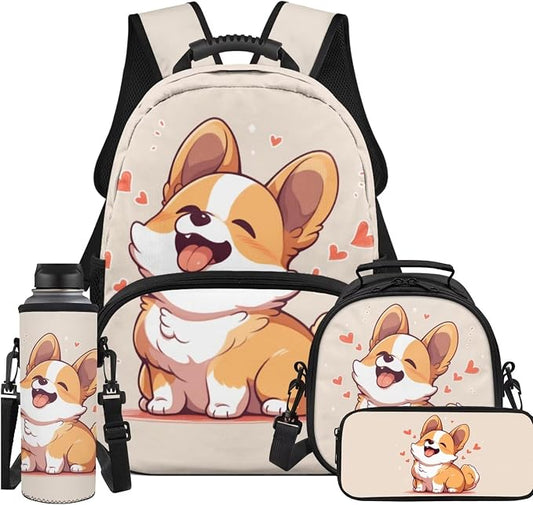 Ystardream Kids School Backpack with Lunch Box Kawaii Corgi Backpack for Girls Elementary School Large Rucksack Daypack with Pencil Case,Water Bottle Sleeve 4 Piece School Supplies for Boys and Girls