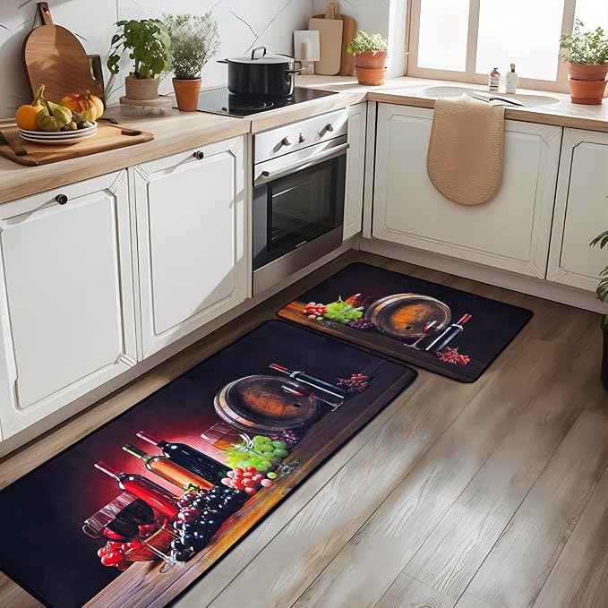 Voanos Kitchen Rugs,Non Skid Washable Microfiber mats for Kitchen Floor,3D Wine Kitchen Cushioned Runner Rug Decor Sets of 2,Size 17"x 47"+17"x 30"