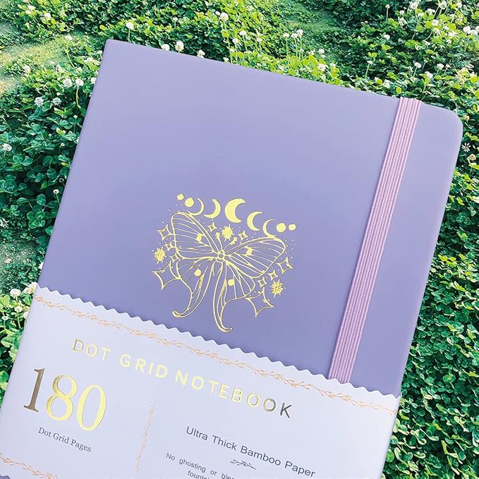 BUKE Dotted Notebook Journal 180GSM Bamboo Thick White Paper 160 Pages 5 * 5MM Dot Grid, Lay Flat Binding,Colored Silver Edges, Bookmarks and Expandable Back Pocket (BKP-5)