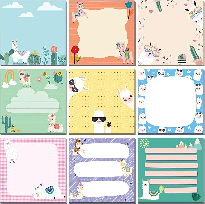 9 Pads Cute Sticky Notes Cartoon Self Stick Notepads 3x3 Inches Notes Adhesive Memo Pad Office Decor Gifts for Students School Teacher Office Meeting(Alpaca)