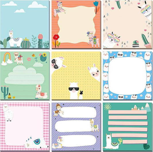 9 Pads Cute Sticky Notes Cartoon Self Stick Notepads 3x3 Inches Notes Adhesive Memo Pad Office Decor Gifts for Students School Teacher Office Meeting(Alpaca)