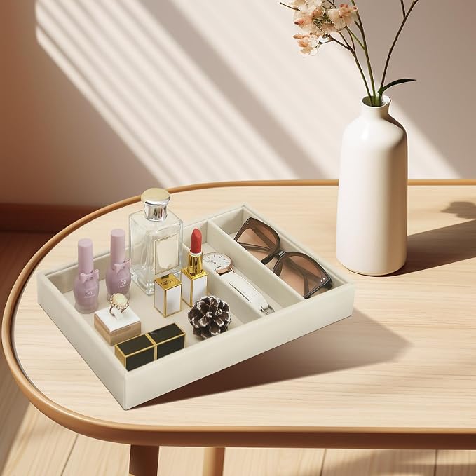 Bedside Organizer - Multi-use Nightstand & Desk-top Catchall Tray for Jewelry, Sunglasses, Phone, Watch, Perfume, Lipstick (Beige 3Grid)