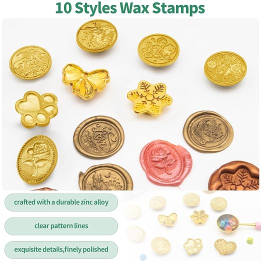 917Pcs Letter Sealing Kit Contains 18 Colors Wax Seal Beads, 10Pcs Stamps with Handle, Wax Spoon and Candle for Christmas Gift Wrapping & Envelope Sealing, Wedding Invitation
