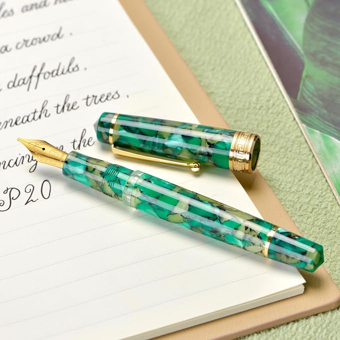 Asvine P20 Piston Fountain Pen, Stub Nib 1.1mm Calligraphy Art Drawing Green Marble Acrylic with Case Set