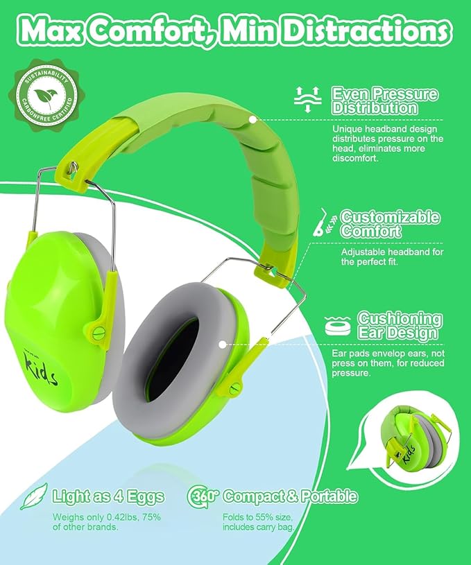 PROHEAR 032 2.0 Noise Cancelling Headphones for Kids - 25dB Noise Reduction - Adjustable Sensory Ear Protection Muffs for Concert, Fireworks, Monster Truck Shows, School - Green