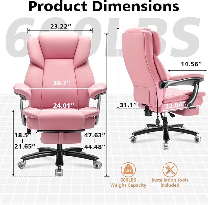 WAILOR 600lbs Big and Tall Office Chair for Heavy People,Heavy Duty Comfy Executive Office Desk Chair with Adjustable Lumbar Support,High Back Reclining PU Leather Computer Chair (Classic, Pink)