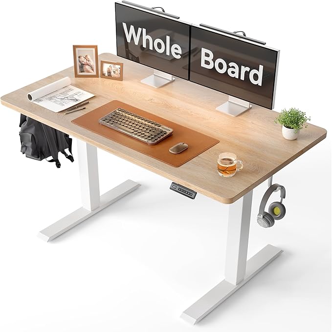 CubiCubi 48 x 24 Large One-Piece Standing Desk, Adjustable Height Electric Computer Home Office Sit Stand up Workstation, with 4 Memory Presets, Headphone Hook, Maple