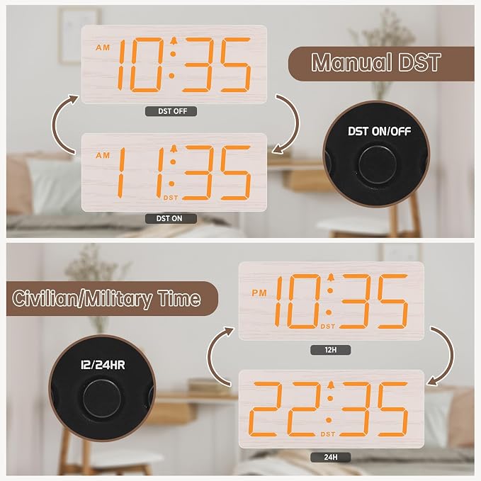 DreamSky Wooden Digital Alarm Clock for Bedroom with Large Numbers | Loud Alarm Clock for Heavy Sleepers with Volume Control, Desk Clocks for Living Room, Dimmer, DST, Wood Decor (Plug in Clock)