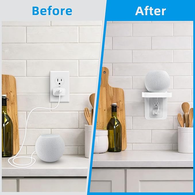 Outlet Shelf Wall Holder with Cord Storage, Wall Outlet Shelf Organizer for Bathroom, Kitchen & Bedroom, Plug Shelf for Standard Outlet, Compatible with HomePod Mini, Google Home, Toothbrush & Phone