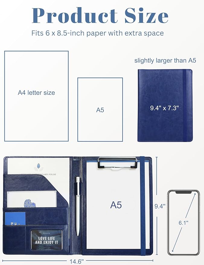 Small Padfolio Clipboard A5 Folder for Writing Pad Refillable 5 x 8 Note pad, Mymazn Faux Leather Clipboard Folder Junior Size Portfolio 5x8 Folio Clip Board (Blue)
