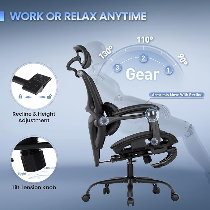 MALOL Ergonomic Mesh Office Chair with Footrest, Executive High Back Computer Desk Chair with 3D Adjustable Headrest & 5-Level Lumbar Support, Track Armrest, Tilt Lock, 300LBS, Black